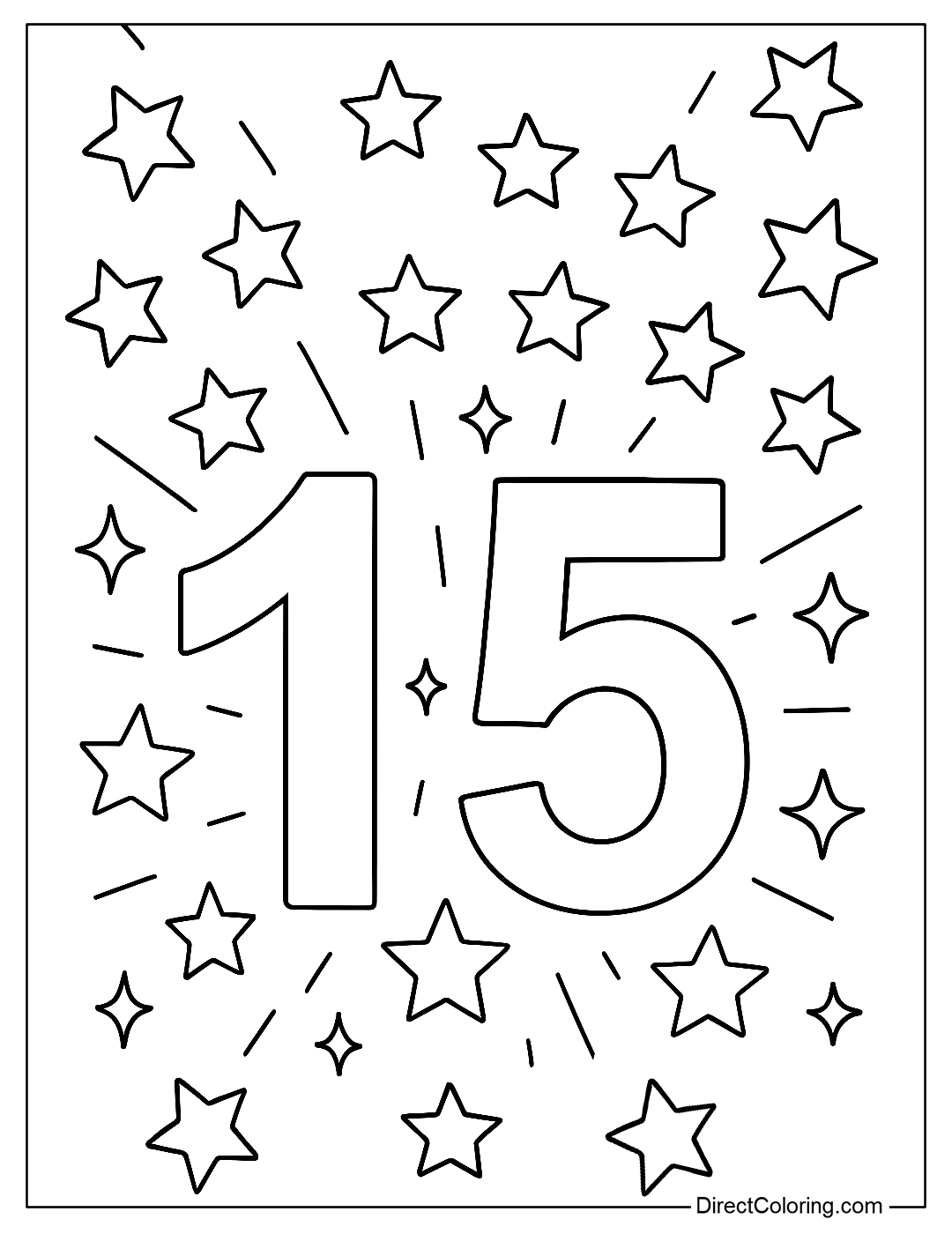 number 15 coloring page with 15 stars around and sparkling rays